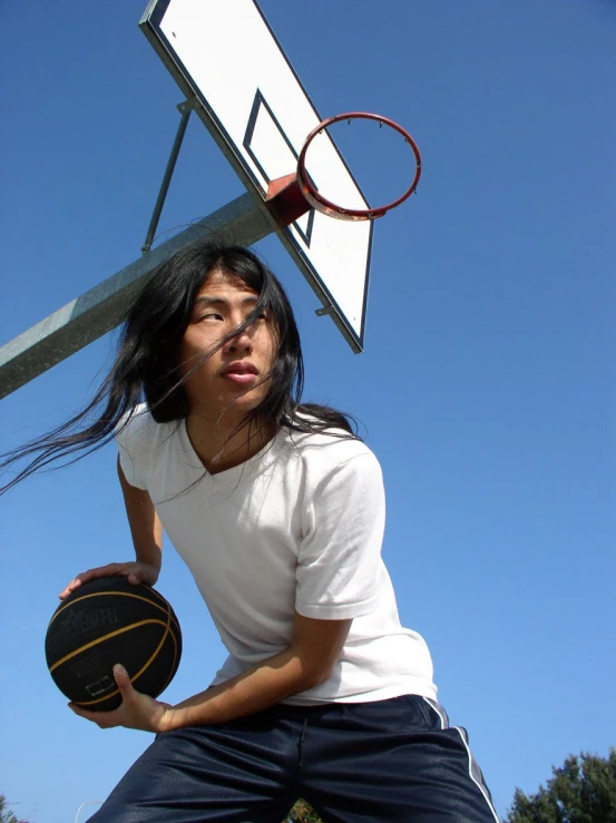 a guy with black hair holding a basketball and a basketball hoop