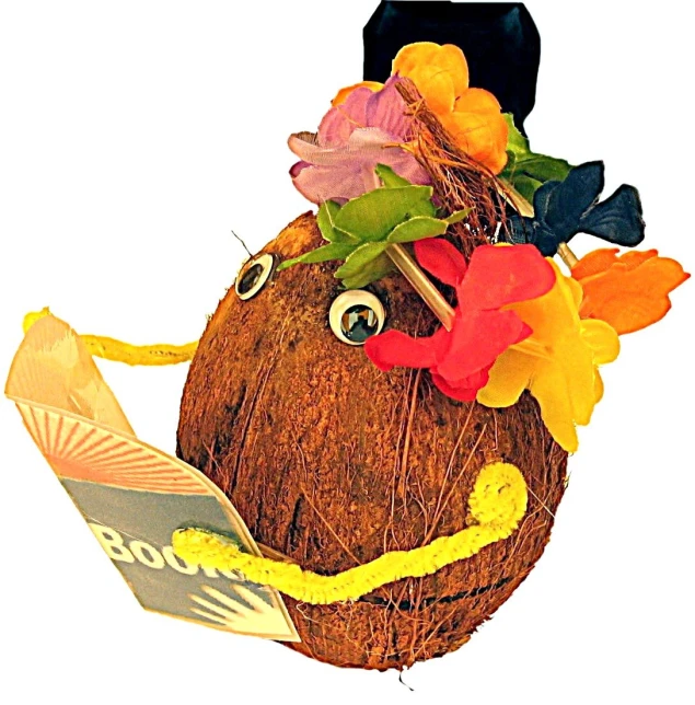 a head made out of a coconut with flowers and an eye