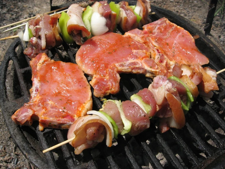 several pieces of food that are laying on a grill