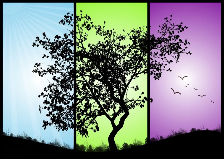 four panels containing a tree with no leaves in front of purple, green and blue background