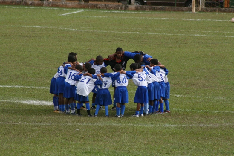 a soccer team huddle around a coach in a field