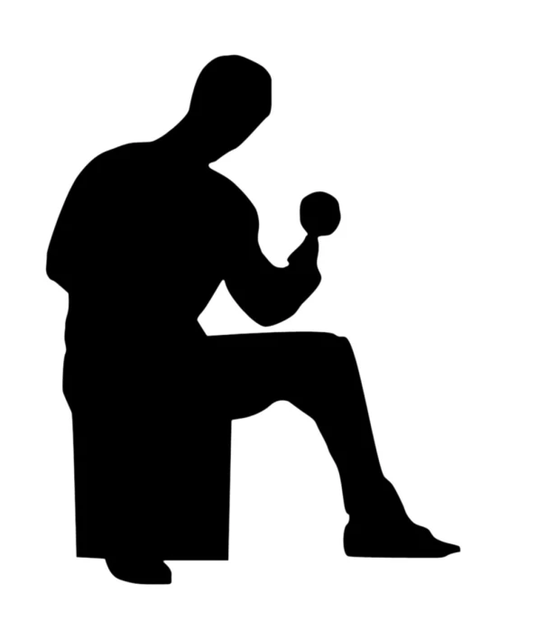a silhouette of a man kneeling and holding an object