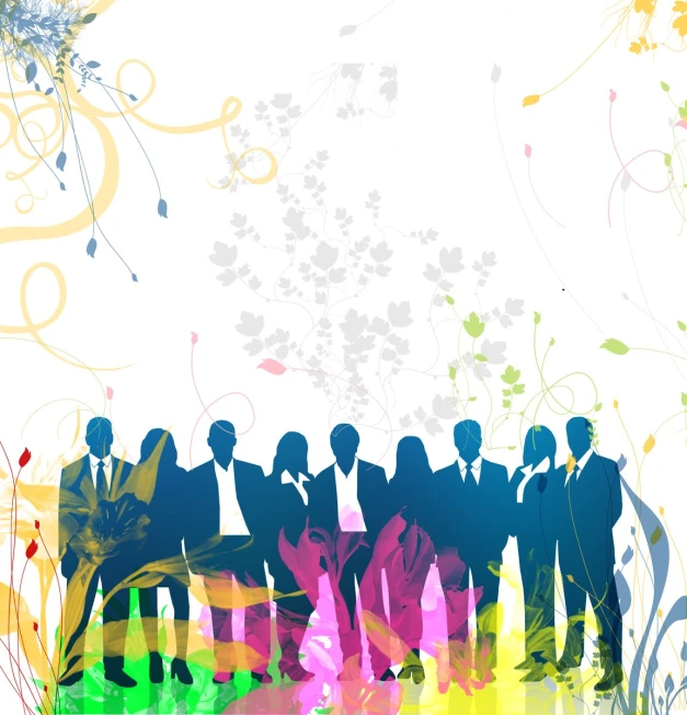 a group of people is standing together in a colorful area