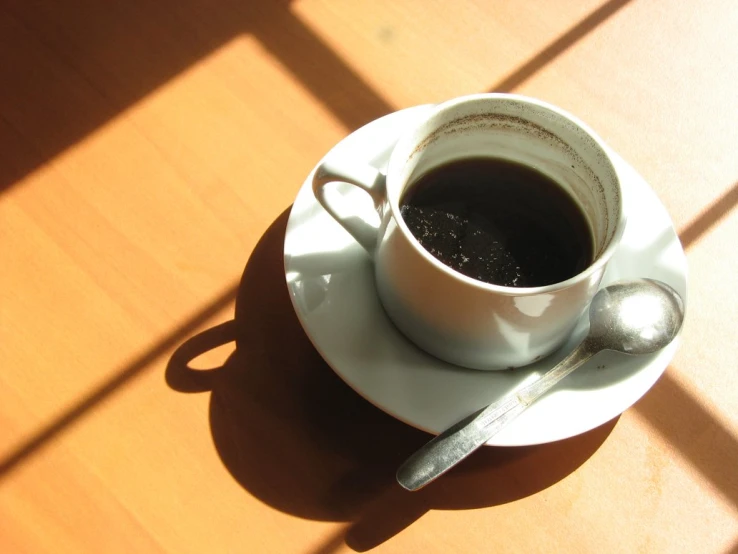 a cup of coffee on a plate with a spoon