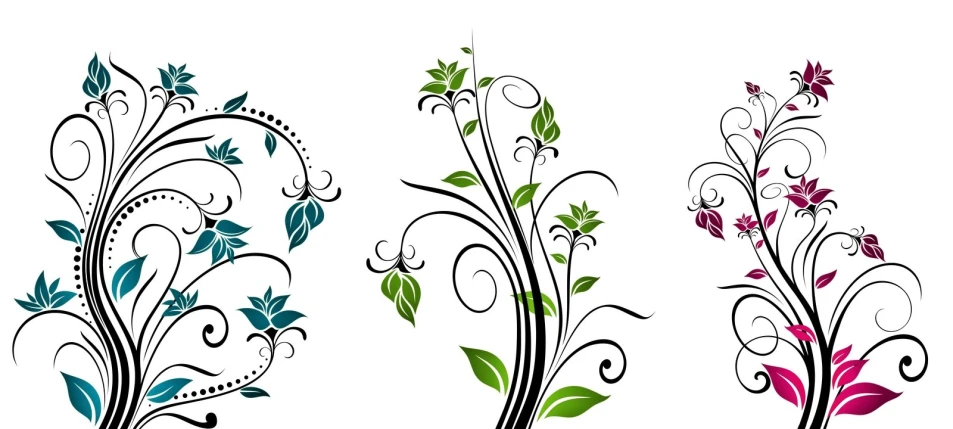 four different color flower designs on white