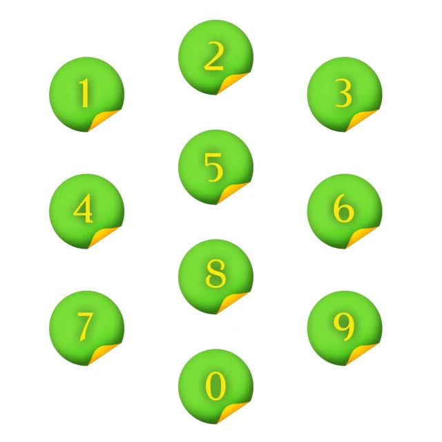 different sizes of green numbers with a yellow and white border