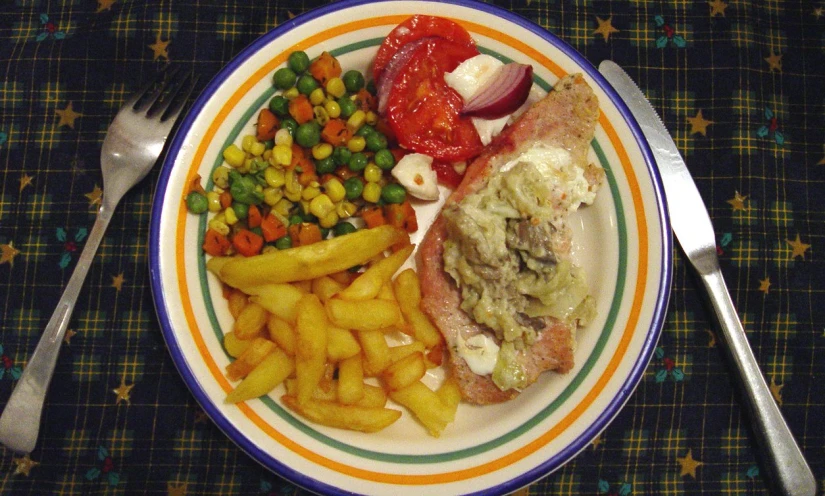 a plate with different food on it, including potatoes and vegetables