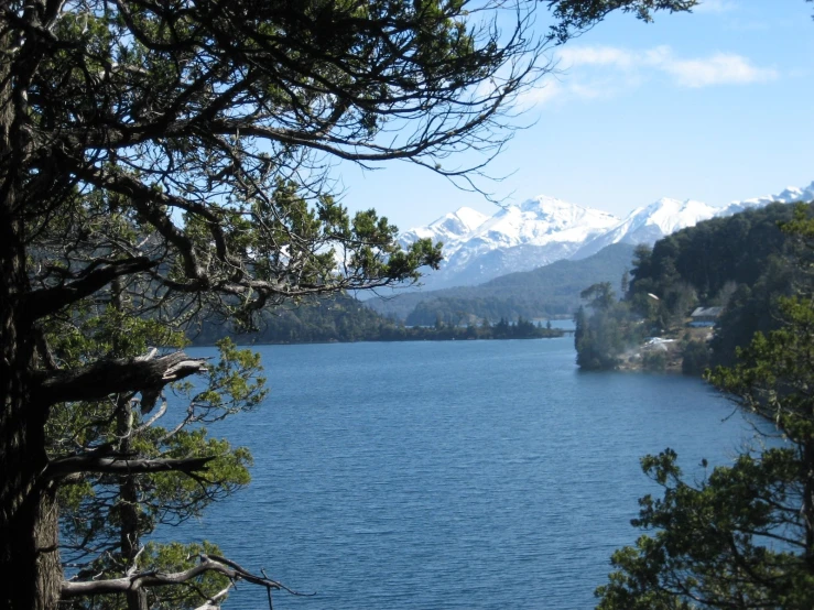 a lake in the woods, with mountains behind it