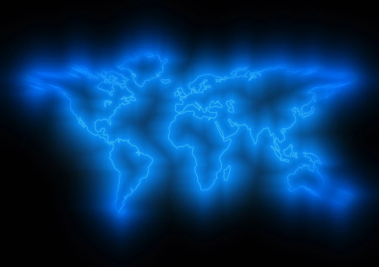 glowing world map in the dark with blue hues