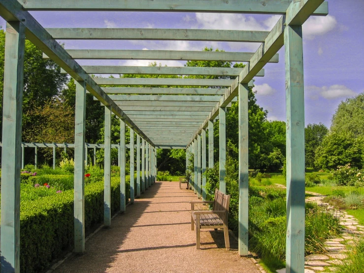 a view down a pathway with plants and benches