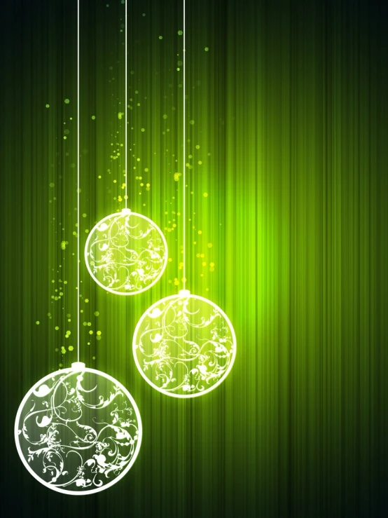 a green and white wall with three hanging balls