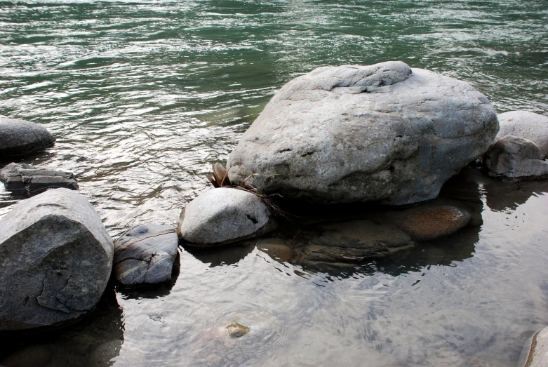 rocks are set in shallow water with a white rock