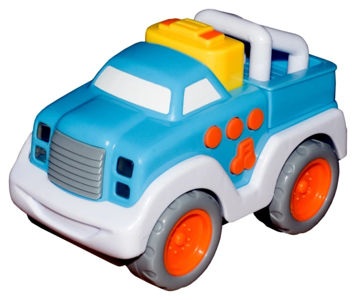 a blue and white toy truck is shown on the back of a car