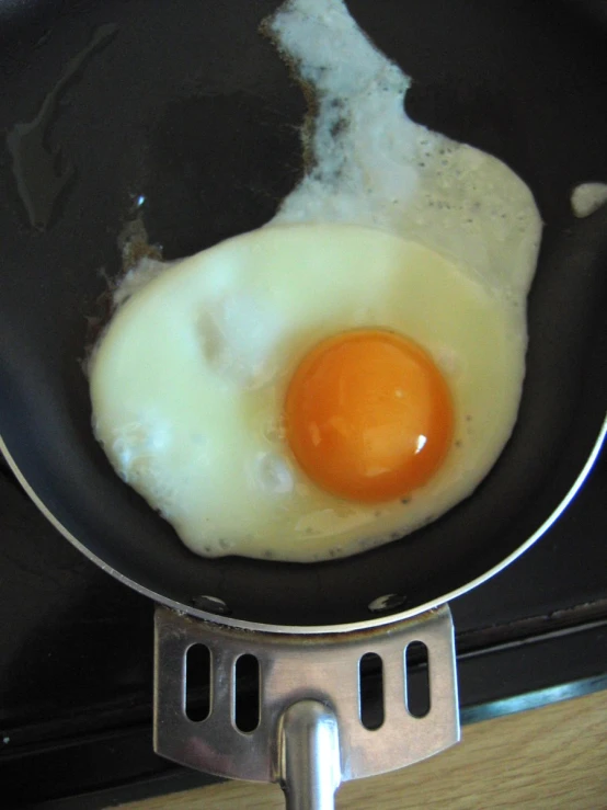 a fried egg in a frying pan on top of a stove