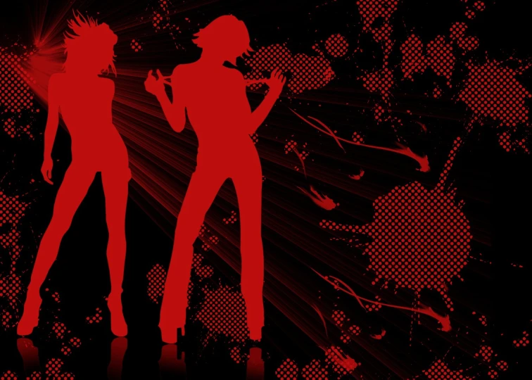 silhouette of two women in red clothing