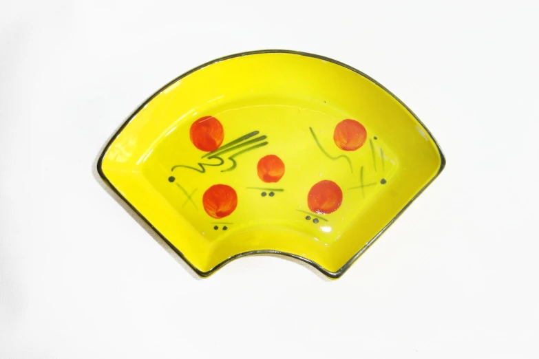 a small yellow plate with red cherries