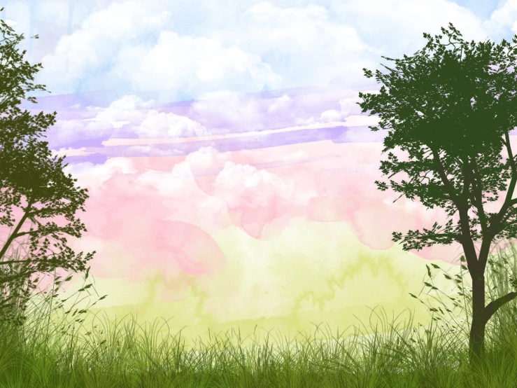 some trees and clouds in a field with green grass