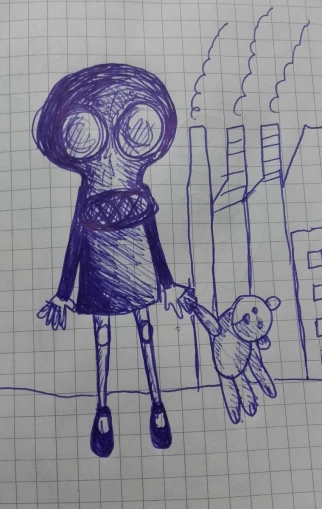a person holding a teddy bear in front of a line drawing