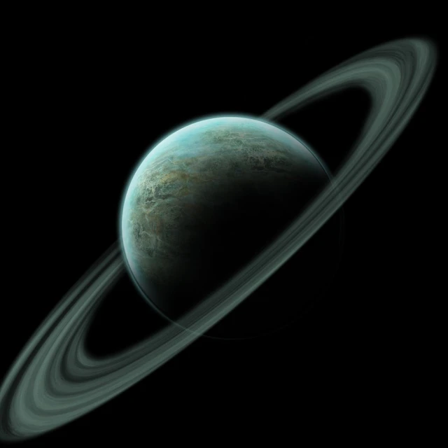 a saturn image, in the dark sky with a faint light around it