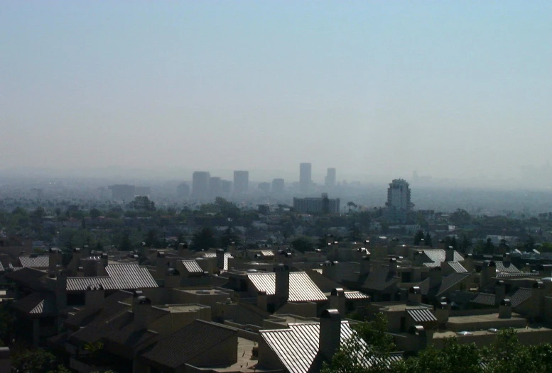 a hazy city that has a small amount of roofs