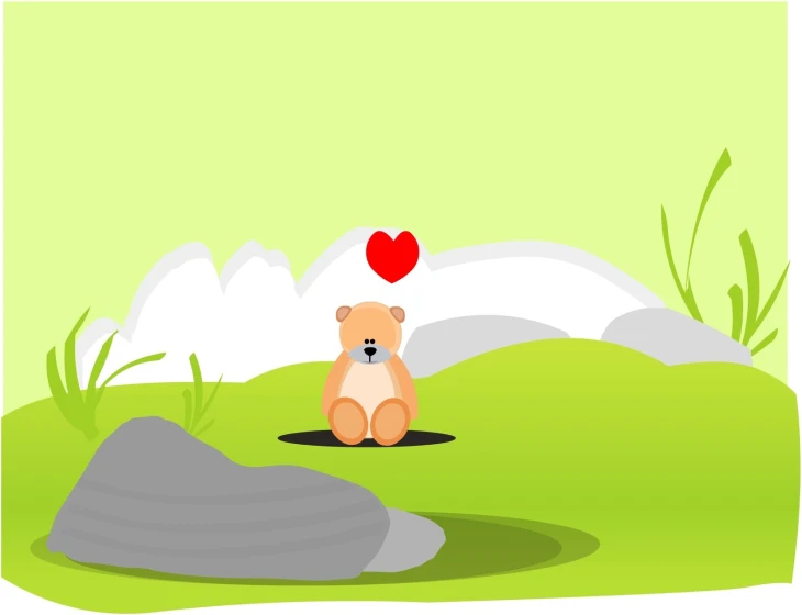 a small bear sits alone in a field with a heart on his head