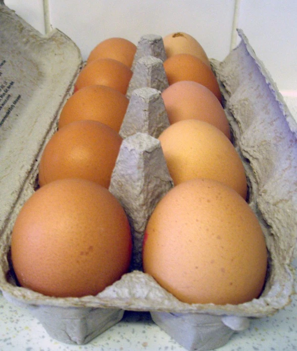 some eggs are sitting in a carton on the counter