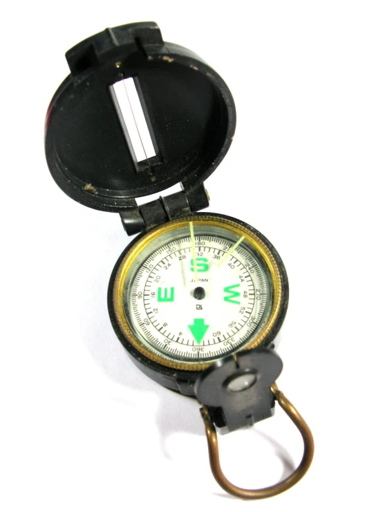 a compass inside a black case, showing a green arrow