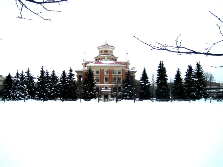 a large building sitting near a row of trees