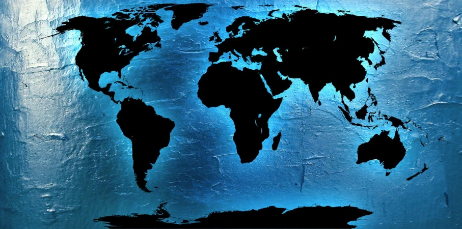 a painted blue wall with the world map