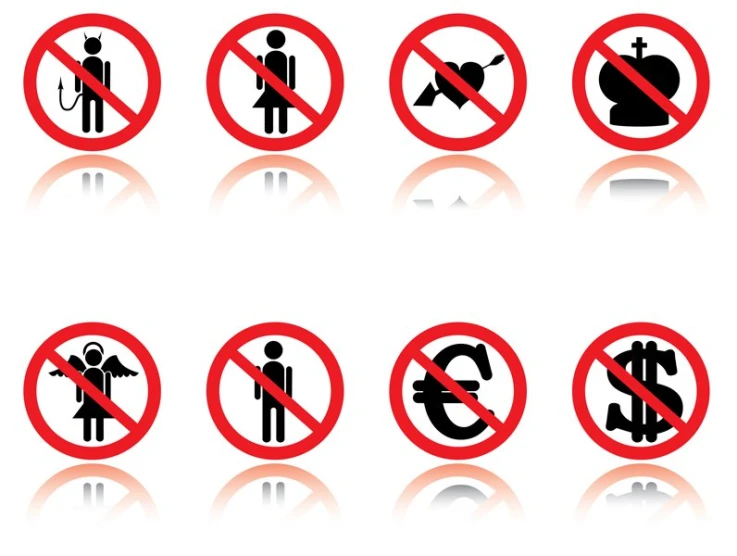 an assortment of prohibited signs in red and black on white