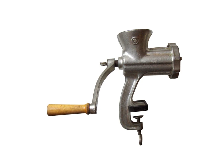 a silver spinning machine with a wooden handle