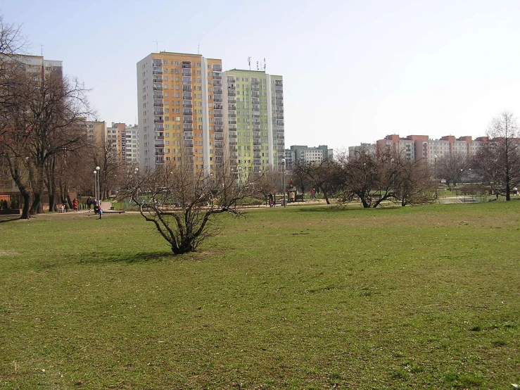 a large open grassy area with a building in the background