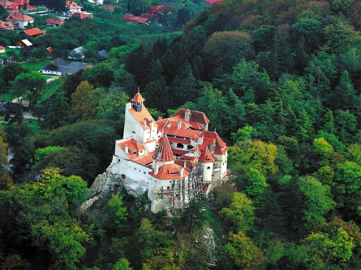 a castle is shown nestled in the woods