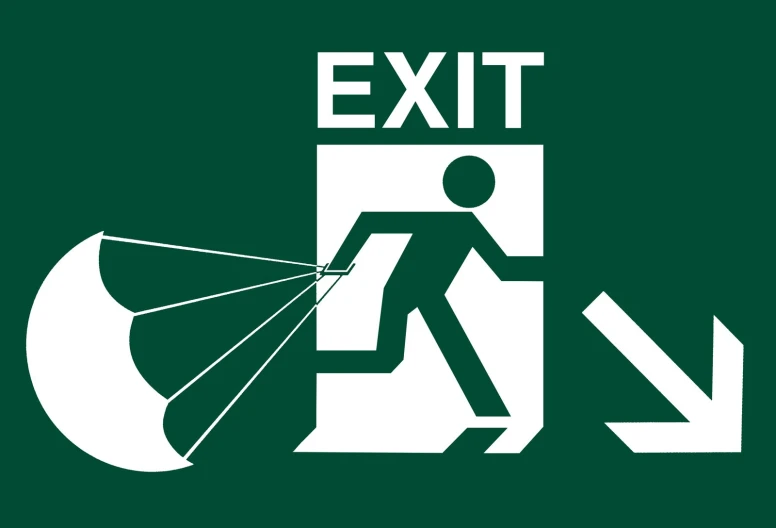 an exit sign on green with a man holding a parachute