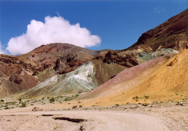 a dirt road between mountain and desert with some clouds in the sky