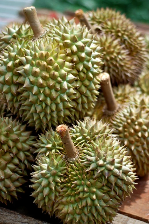 many duriants of fruit sitting on a table