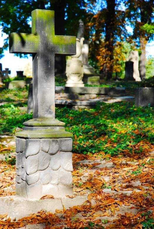 a cemetery in a graveyard has a cement cross
