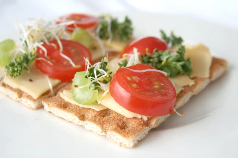 two square slices of bread topped with cheese and veggies