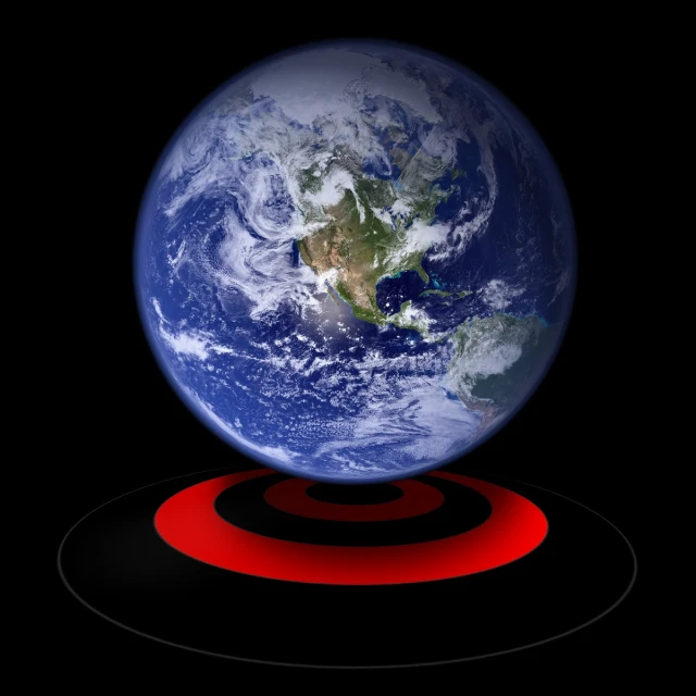 a large picture of the earth is shown in front of a red target