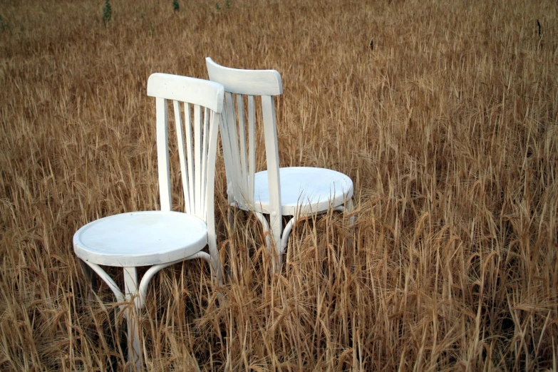two white chairs sit in a field of dead grass