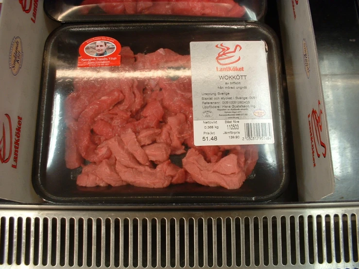 packaged meat on display in display case for consumption