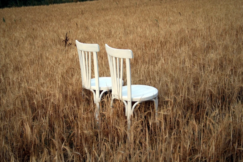 two white chairs sitting on a dry field