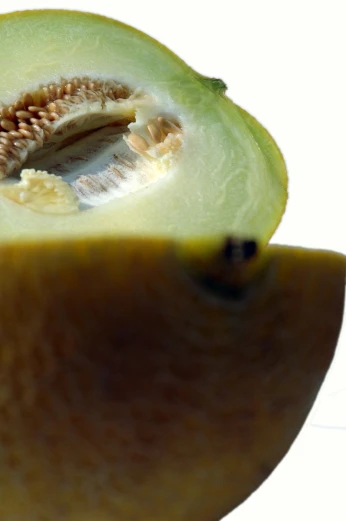 a half - eaten kiwi fruit with a white background