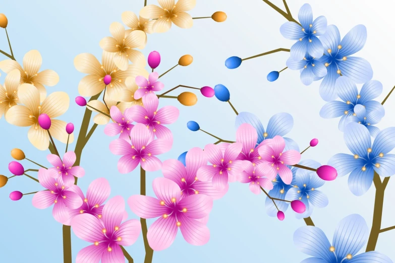 pink, blue and gold flowers are featured in this image