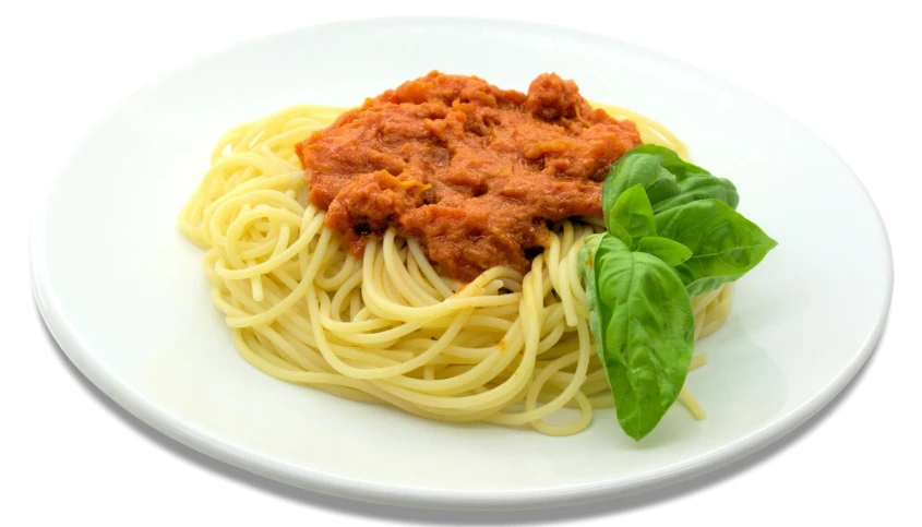 the noodles are topped with sauce and basil on a white plate