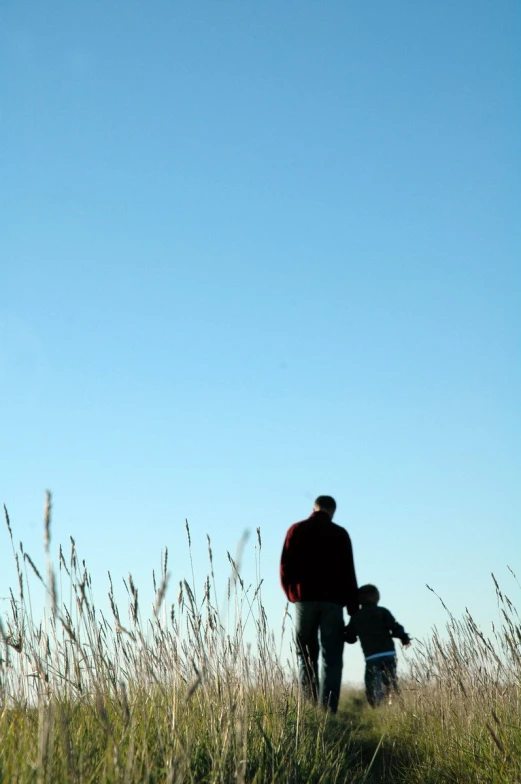 man and child in tall grass against blue sky