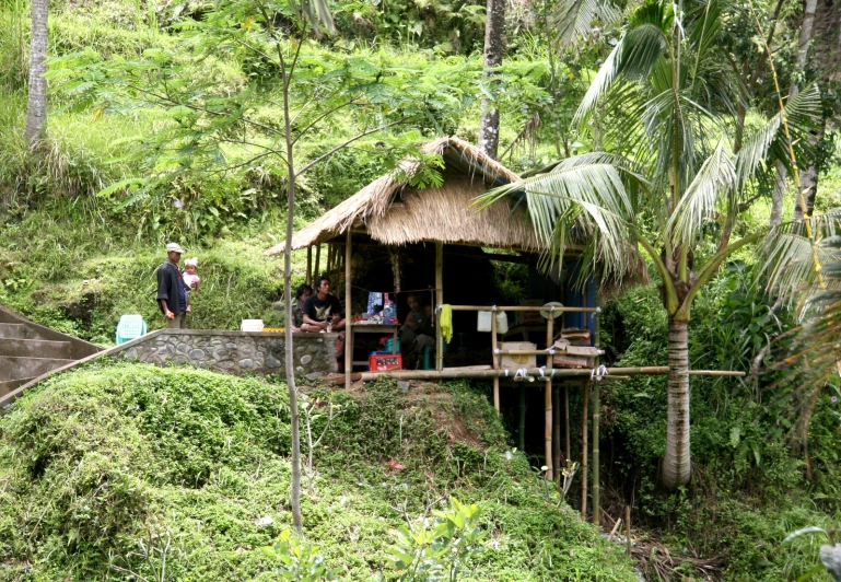 some people standing in a jungle hut on a hill