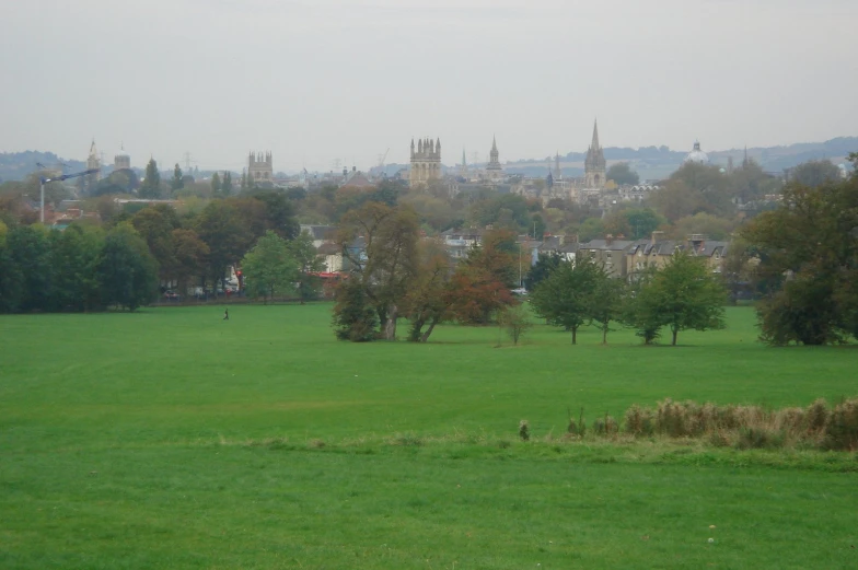 a green field with lots of trees and buildings in the distance