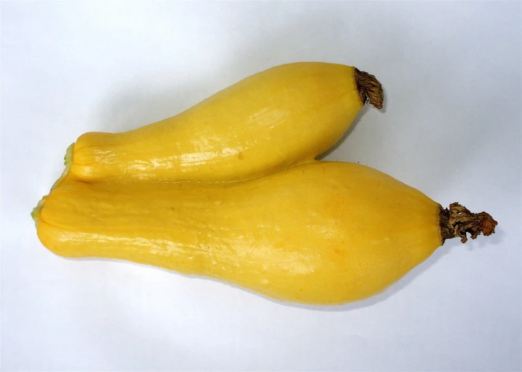 two yellow banana's with stems on a white background