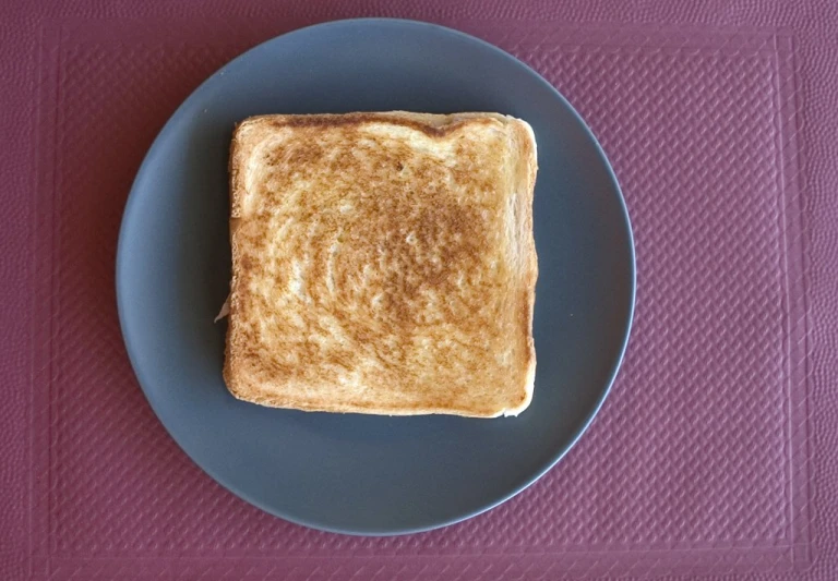 a toasted white bread on a blue plate
